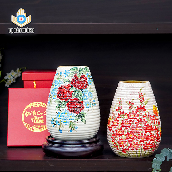 Đôi Bình Gốm Vẽ Hoa Hồng, Hoa Cúc - Gốm Sứ Bát Tràng