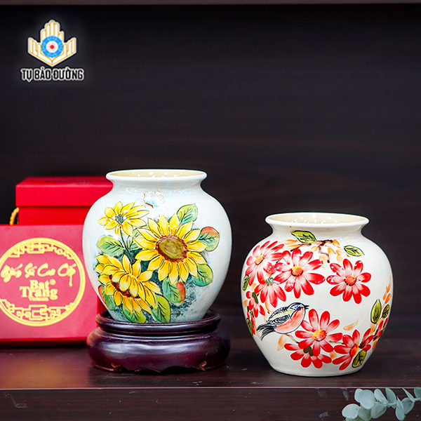 Bộ Bình Gốm Vẽ Hoa Hướng Dương, Hoa Cúc - Gốm Sứ Bát Tràng