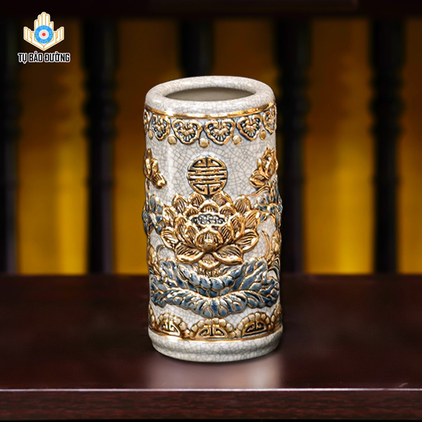 Ống Hương Hoa Sen Men Rạn Vẽ Vàng - Gốm Sứ Bát Tràng